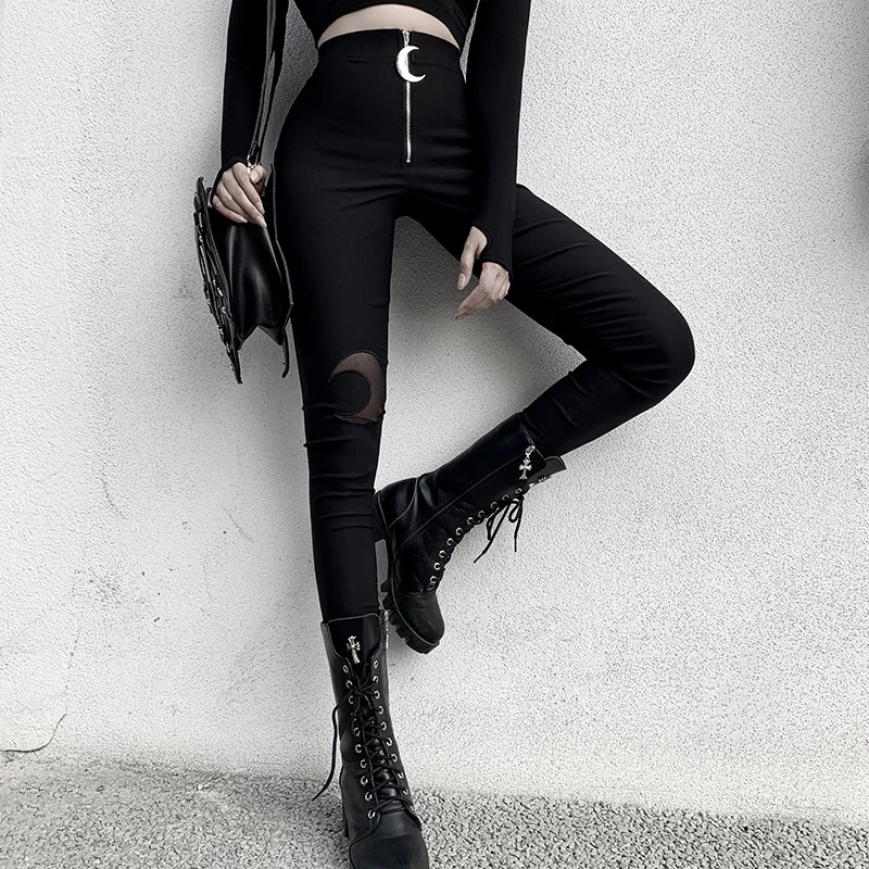 

Woman Gothic Pencil Pants Black Crescent Zipper High Waist Plus Size Long Pant 2021 Women Dark Goth Aesthetic Vintage Clothes