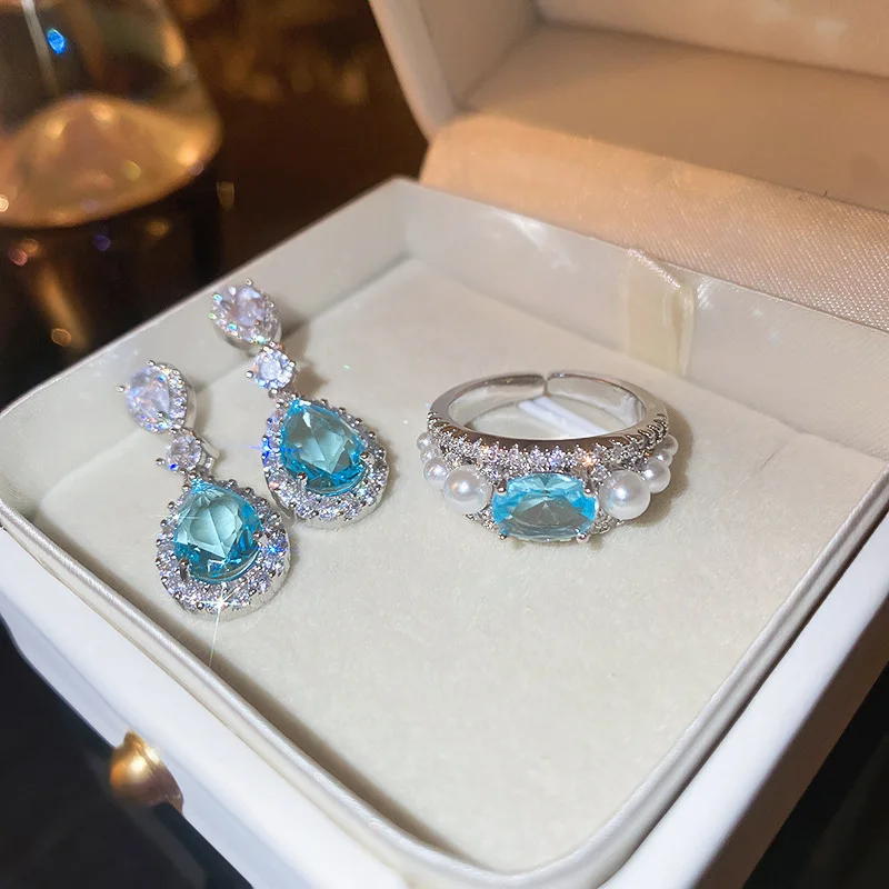 

Silver Needle Fashion Blue Zircon Water Drop Stud Earrings Fresh Temperament