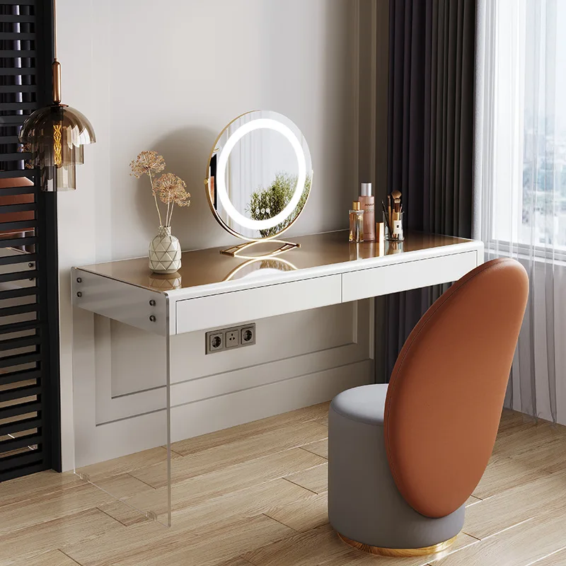 

Modern minimalist dressing table, brown glass designer bedroom, acrylic slate dressing table