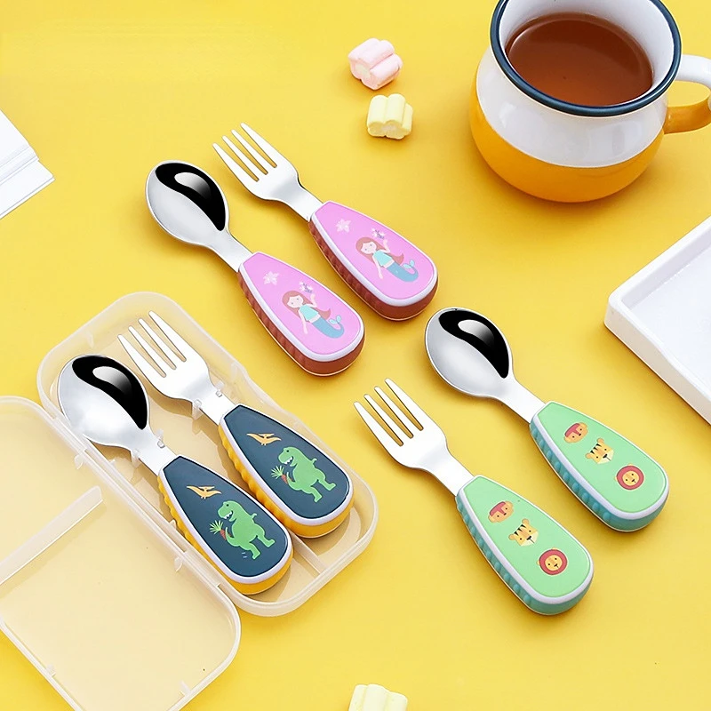 

Food Training Spoon Cartoon Tableware Set Dessert Spoon for Children Feeding Spoon Fork Baby Gadgets Children's Cutlery Kids