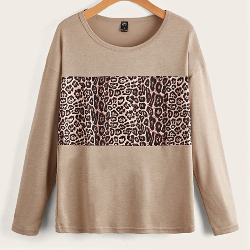 Graphic Tees Top Women Leopard Print Cotton T-shirt O-Neck Fashion Spring Long Sleeve Casual Tops Autumn Printing Tshirts Khaki