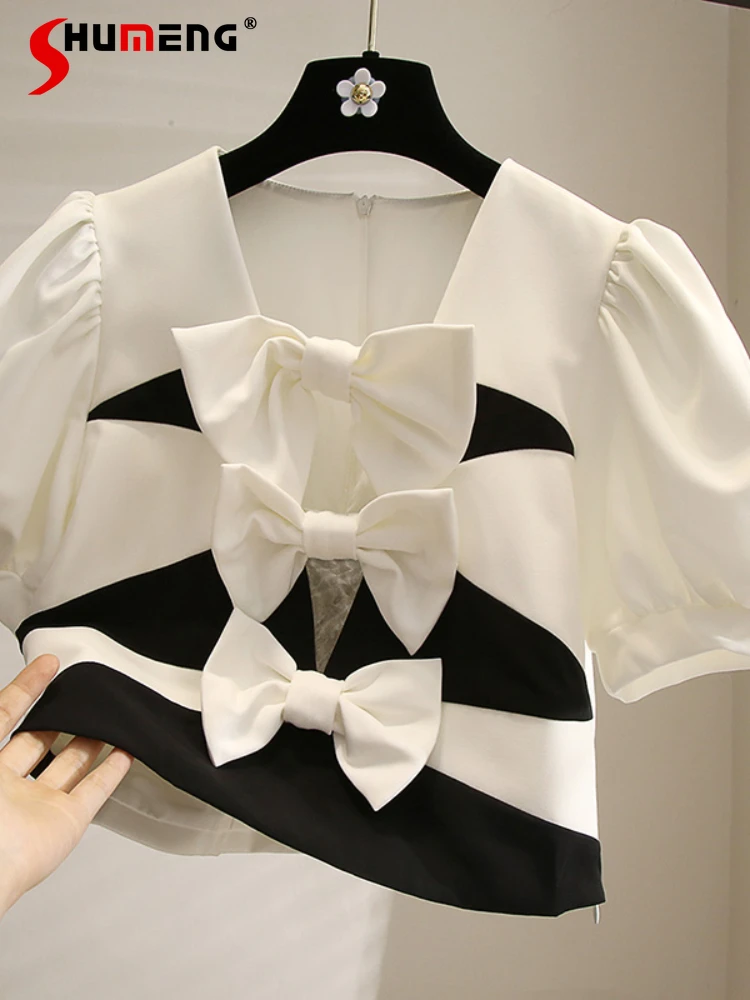 

Elegant Female Clothing Short Sleeve Thin Short Shirt for Women 2022 Summer New Office Lady Bow Hollow Out Unique Crop Top Woman