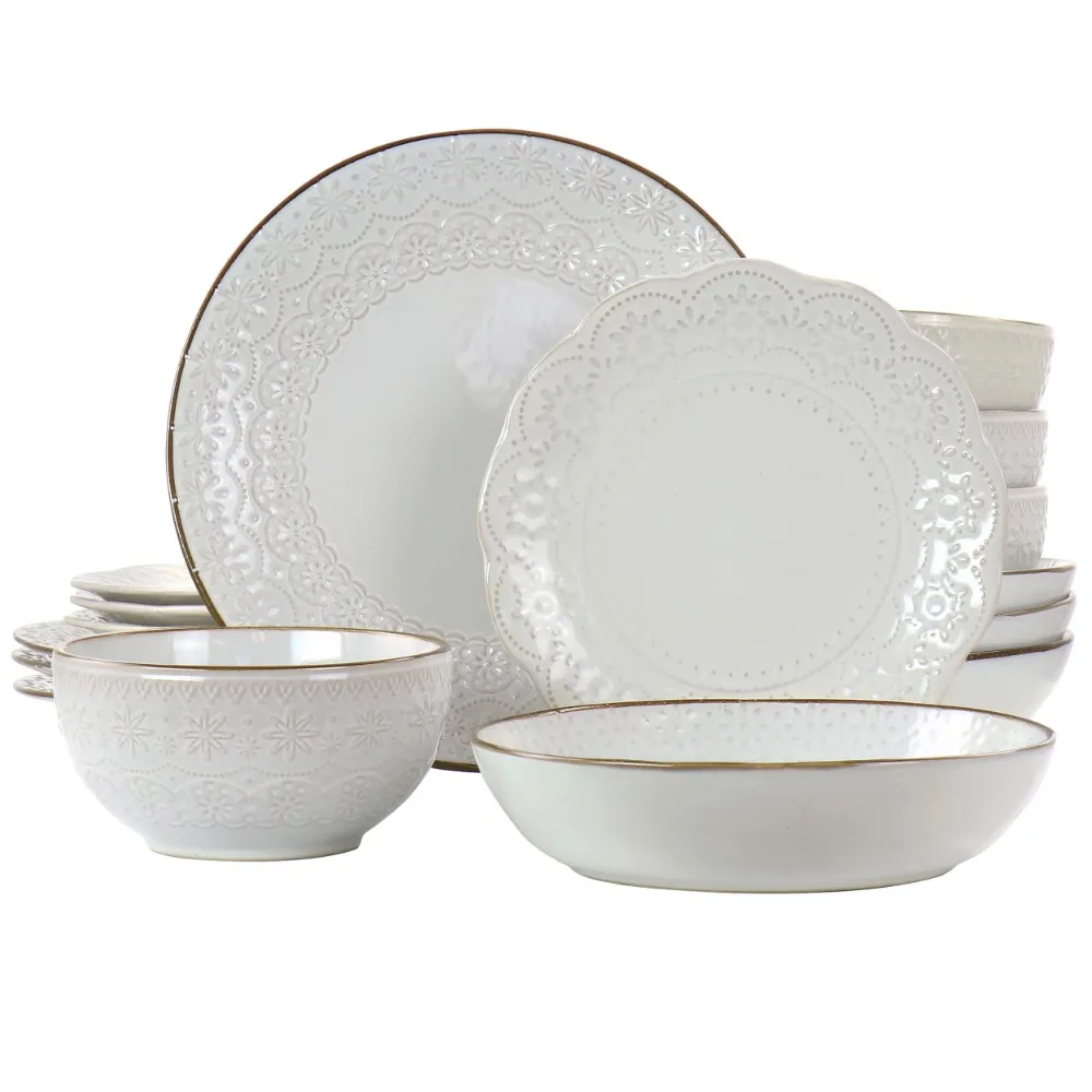 

Countess 16 Piece Embossed Double Bowl Stoneware Dinnerware Set in Ivory Glaze Microwave and Dishwasher Safe Longlasting
