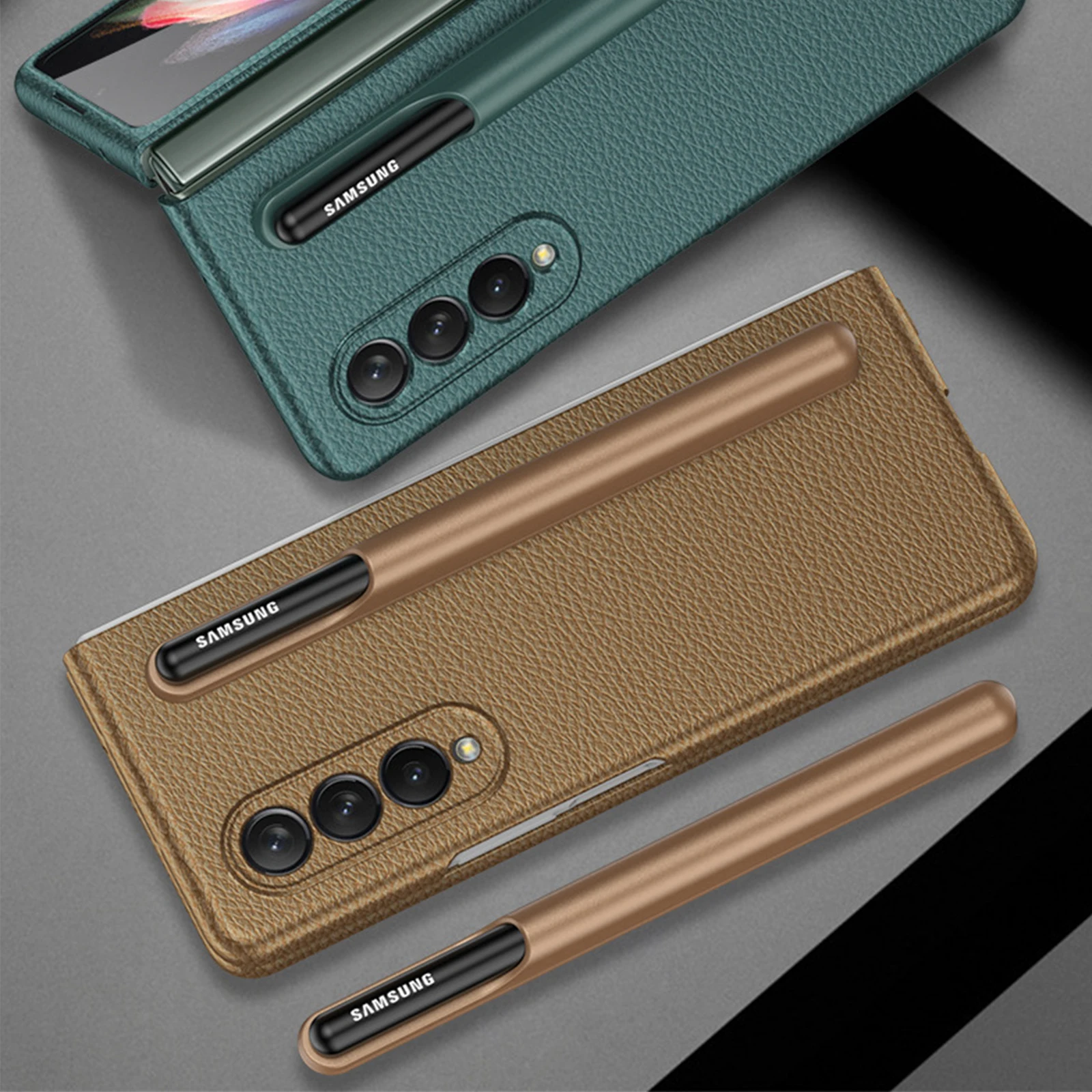 Luxury Business Leather Case for Samsung Galaxy Z Fold 3 with Detachable S Pen Holder Full Body Shockproof Slim Protective Cover