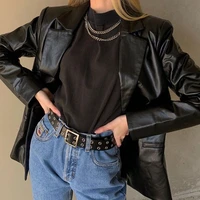 women black solid colors casual commute blazers zipper button pocket coat female winter fashion outerwear punk pu leather jacket