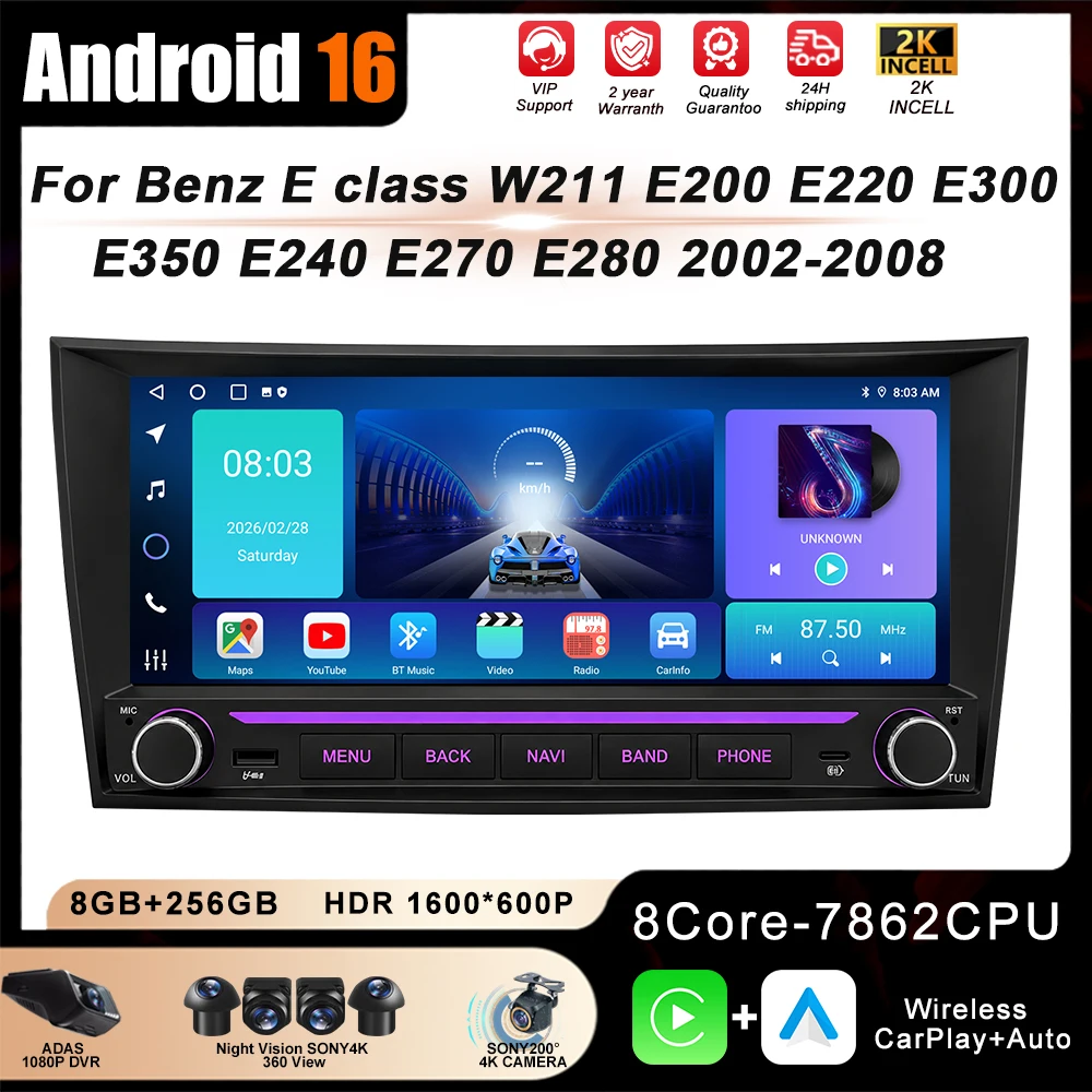 Фото Автомагнитола Android 16 с CarPlay для Mercedes Benz E-class W211 E200 E220 E300 E350 E240 E270 E280 CLS CLASS W219 2002-2009 №1