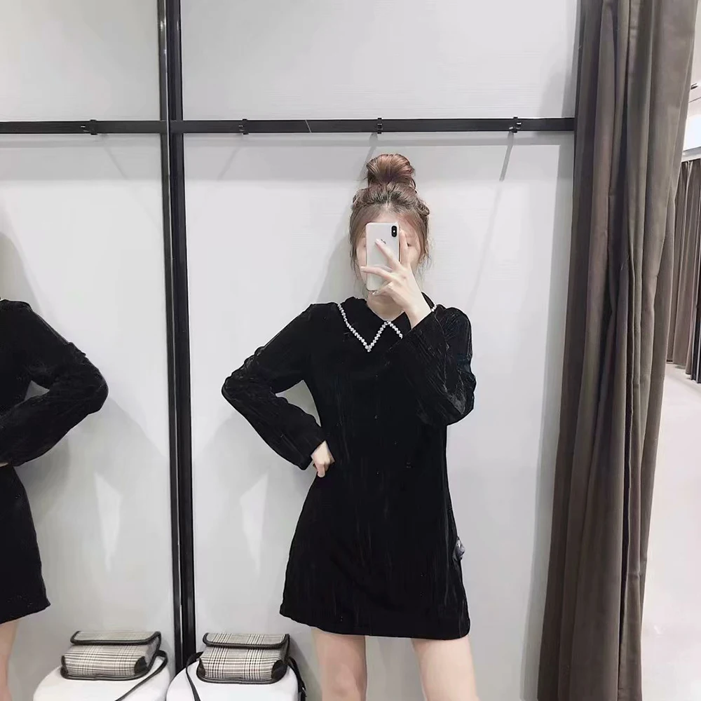 

Элегантные женские платья PB & ZA для вечерние 2022 вечернее бархатное мини-платье со стразами украшение шикарное черное платье 2731257