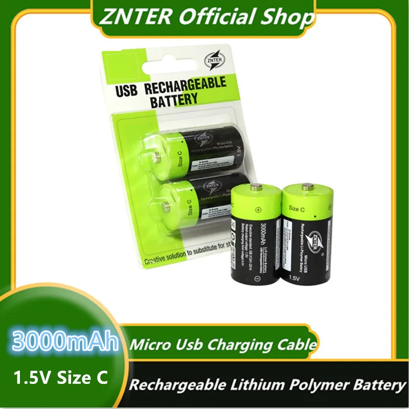 ZNTER 4pcs 1.5V Rechargeable Battery Lithium Li-polymer 3000mAh C Size USB C Type Li-ion Powerful Battery USB Charging Cable