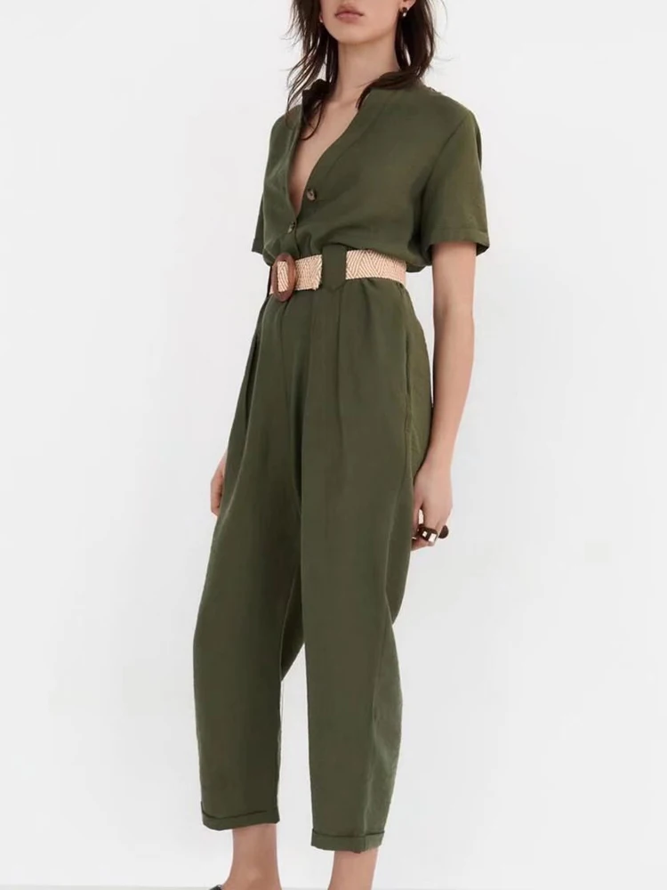 

Женский однотонный комбинезон с V-образным вырезом и поясом