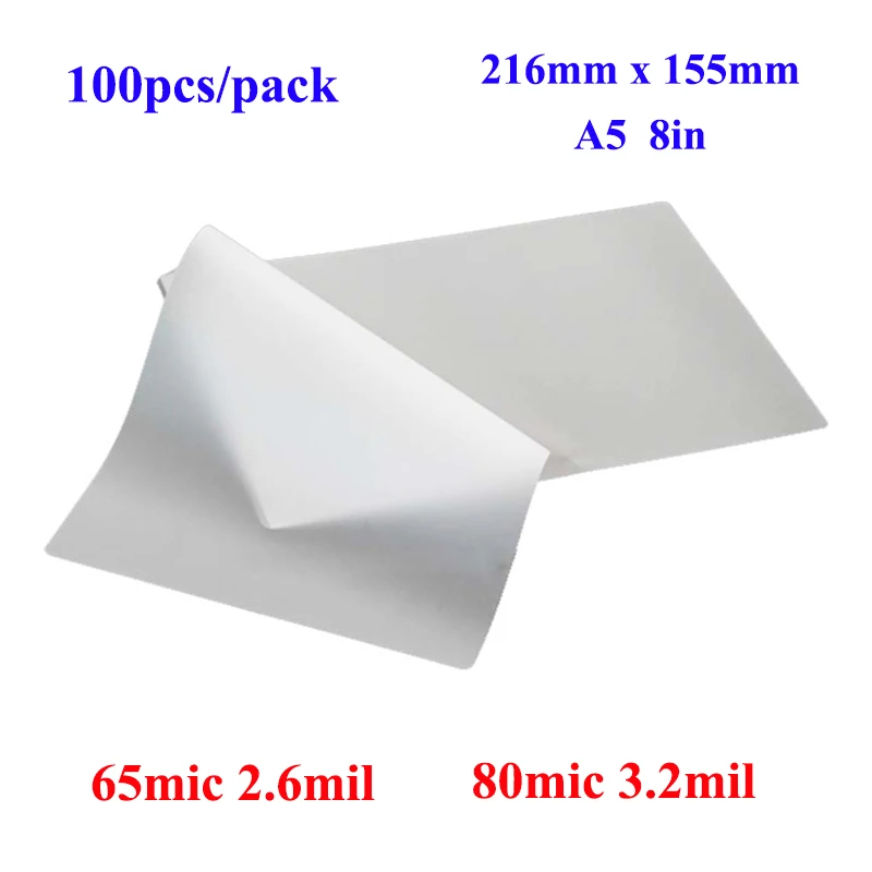 

100pcs/pack A5 Size 216mm x 155mm 8in Width Paper and Photo Size Gloss Thermal Laminating Pouch Film 65/80mic 2.6/3.2mil Bulk