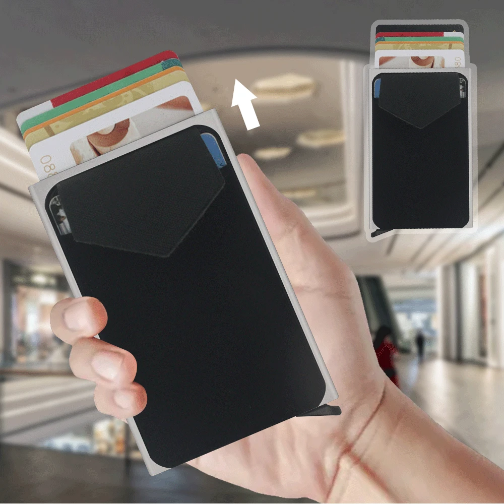 

Алюминиевый держатель для кредитных карт с технологией RFID, автоматический выдвижной футляр для банковских карт, умный быстросъемный женск...