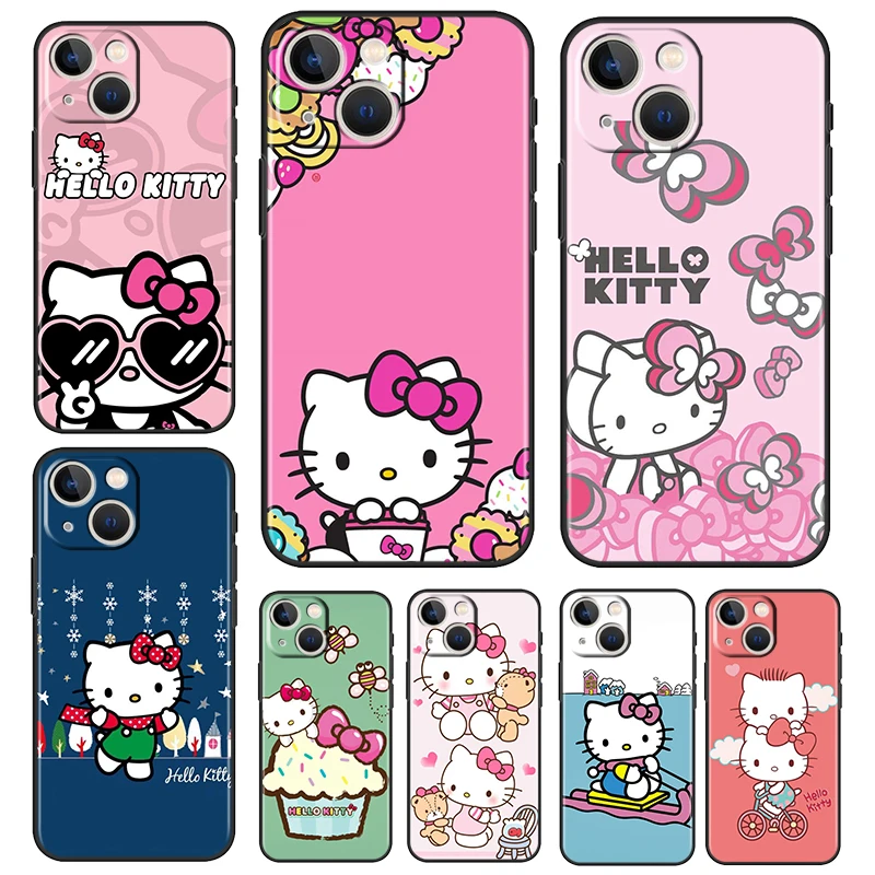 

Cat Cartoon Hello Kitty For Apple iPhone 13 12 11 Pro Max Mini XS Max X XR 6 7 8 Plus 5S SE2020 Soft Black Phone Case Capa Cover