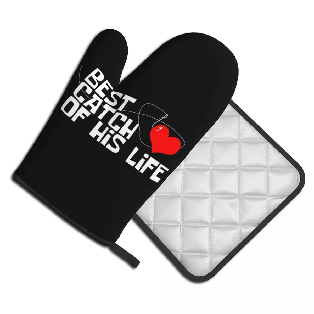 

Best Catch Of His Life Heart Kitchen Glove Fishing Microwave Oven Mitten Pot Holder BBQ Bakery Heat Resistant Mitts Set