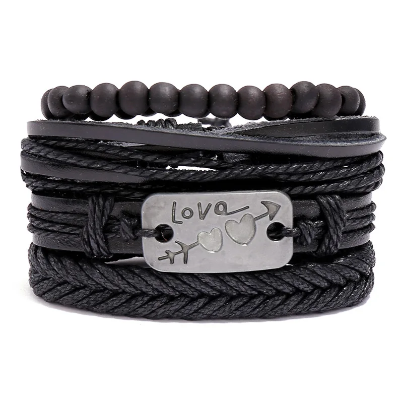 

Vintage 4 pcs/set Punk Multilayer Braided Genuine Leather Bracelet Fashion Wood Beads Bracelets Bangles for Men Jewelry Gifts