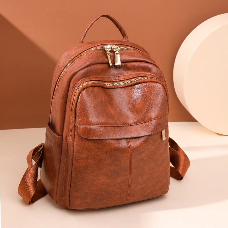 

XZAN Fashion Zipper Brown School Backpacks Girls Double Shoulder Bags for Women High Quality PU Leather Bagpack Luxury Mochilas