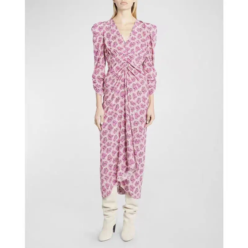 

Плиссированное облегающее платье с V-образным вырезом, длинным рукавом и принтом, платье-Русалка из вискозы, Новинка лета 2023