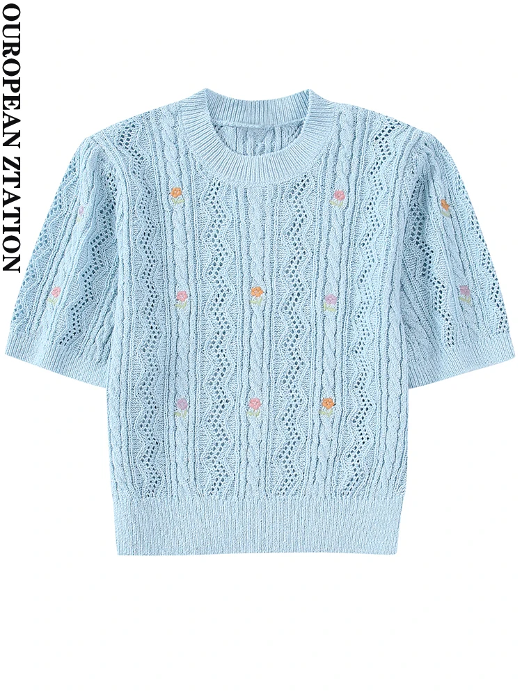 

PAILETE Women 2022 fashion floral embroidered cropped knit sweater vintage o neck short sleeve female pullovers chic tops