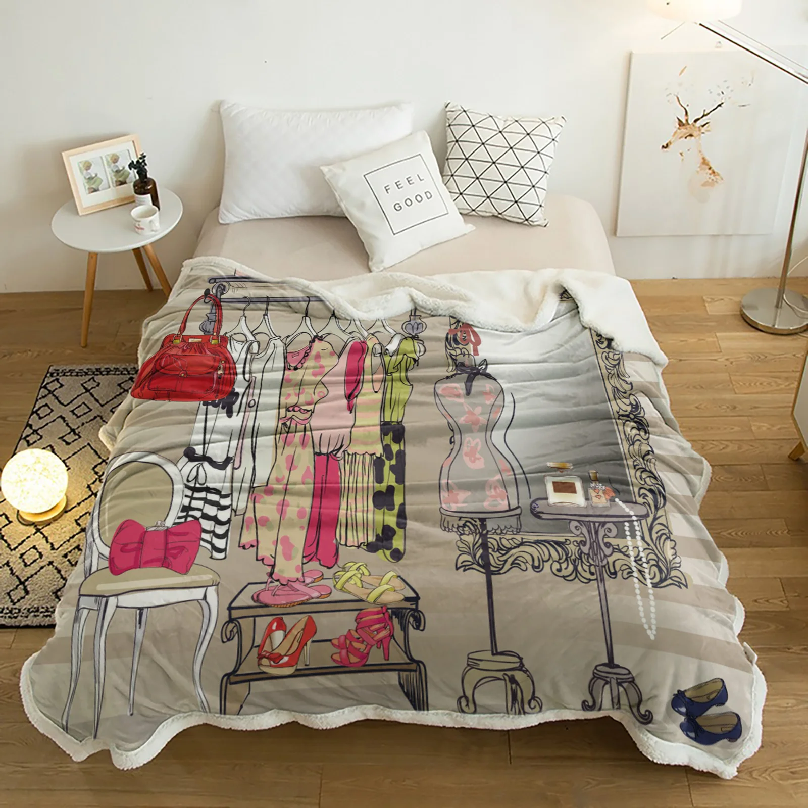 

Female Dressing Room Cosmetics Stripes Lamb Cashmere Fleece Blanket Home Bed Sofa Winter Sherpa Bedding Kids Thick Bedspread