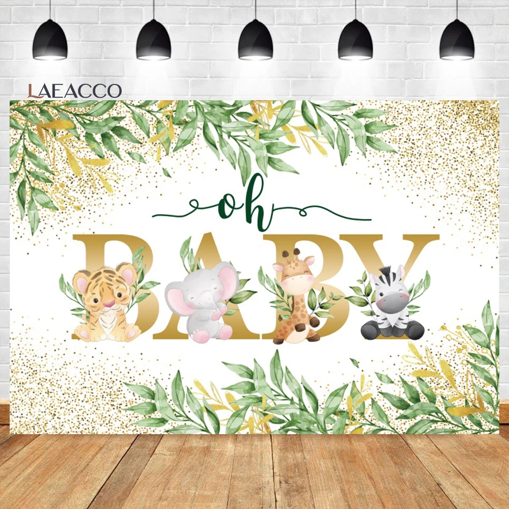 

Laeacco Safari Party Baby Shower Photography Background Cute Wild Animals Tropical Leaves Kid Birthday Customized Photo Backdrop