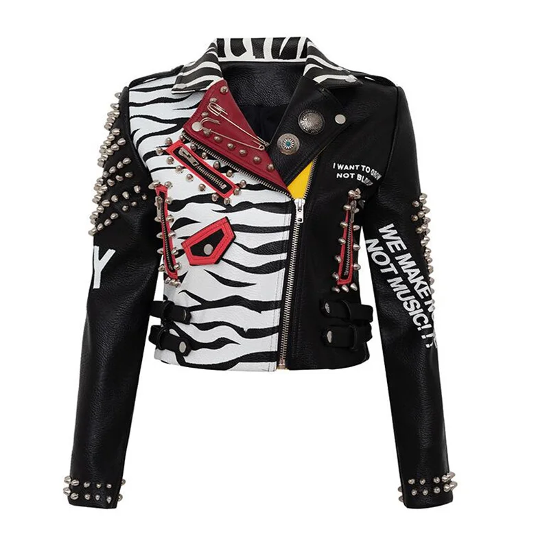 Rivets women leather jackets European American fashion motorcycle coats personality graffiti contrast color short slim-fit cloth enlarge
