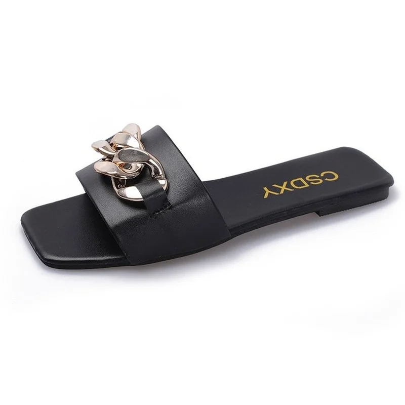 

Summer Ins Brand Designer Women Slipper Square Toe Chain Slippers Slip on Flat Slide Sandals Beach slippers women Casual Shoes