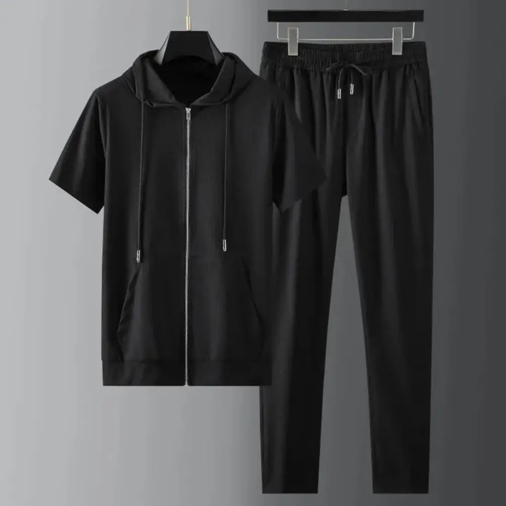 

Practical Men Tracksuit Wear Resistant T-shirt Pants Set Solid Color Deep Crotch Soft Fabric Men Sports Suit Mid Waist