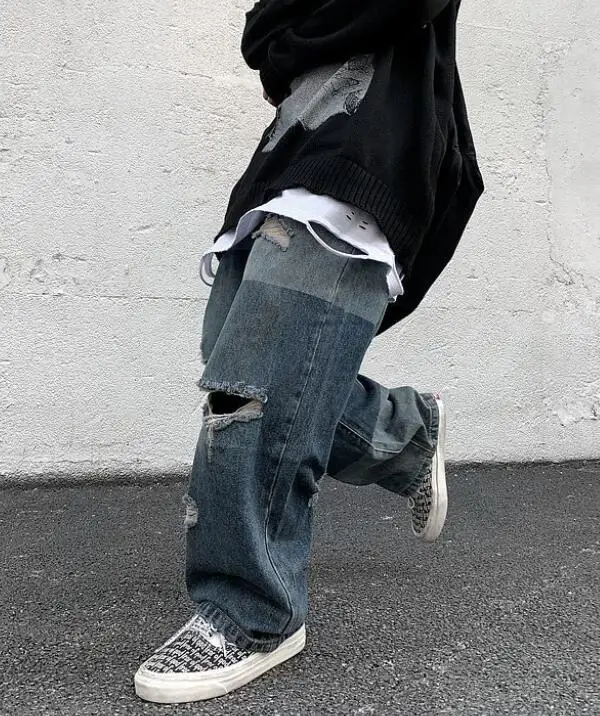 Men's Jeans High Street Retro Color Patchwork Ripped Jeans Men Loose Hiphop Washed Wide-Footed Daddy Pants