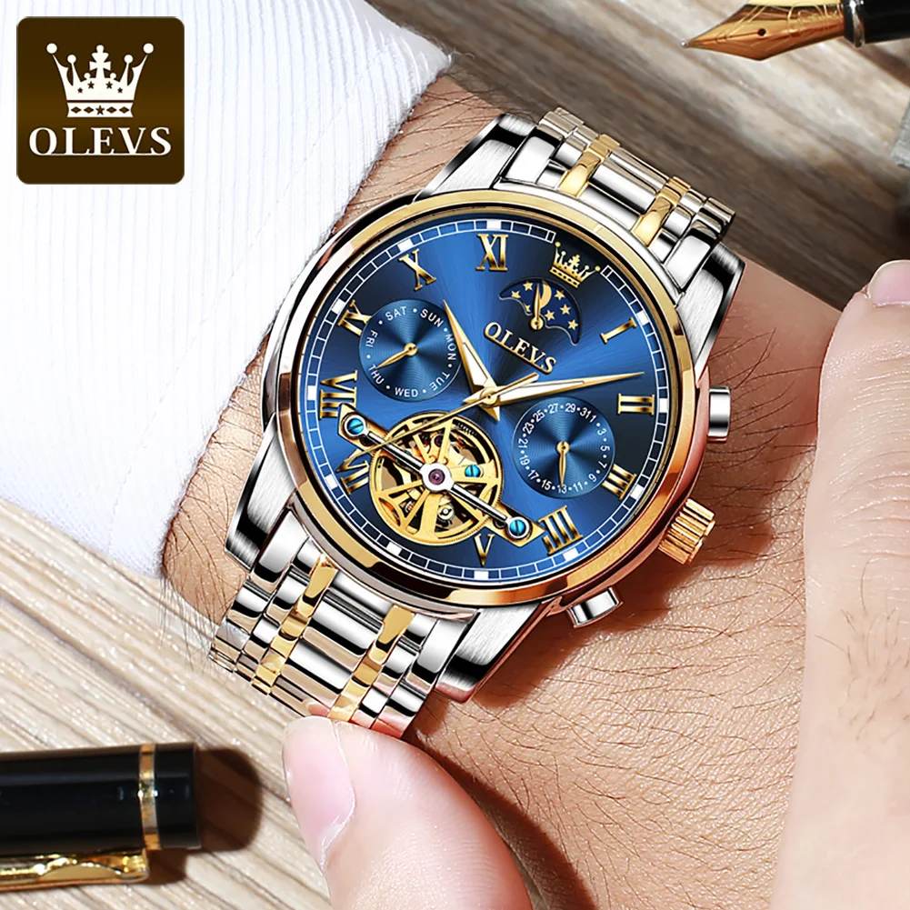 OLEVS Men Automatic Mechanical Watches Moon Phase Display Skeleton Tourbillon Wristwatch Luxury Stainless Steel Watch For Men enlarge