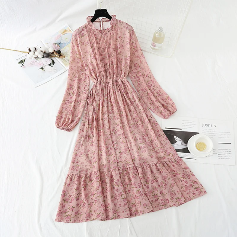 

Женское шифоновое платье с цветочным принтом, длинное винтажное платье с оборками и длинным рукавом, с воротником в виде листьев лотоса, весна 2022