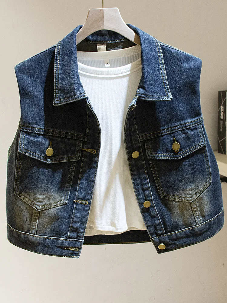Гонконг Sle ретро джинсовый жилет женский 2024 осенний новый корейский свободный