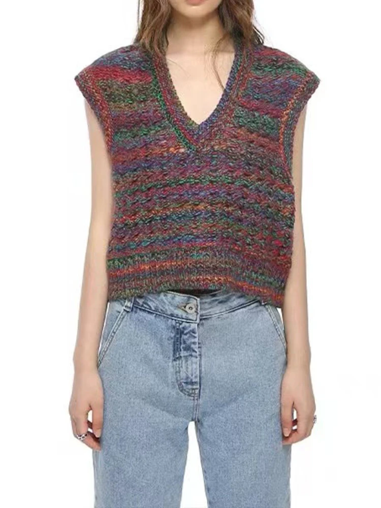 Wool Flocking Knitted Vest For EENK Retro Mixed Color Sleeveless Commuter V-neck Short Vest Outer Top Women