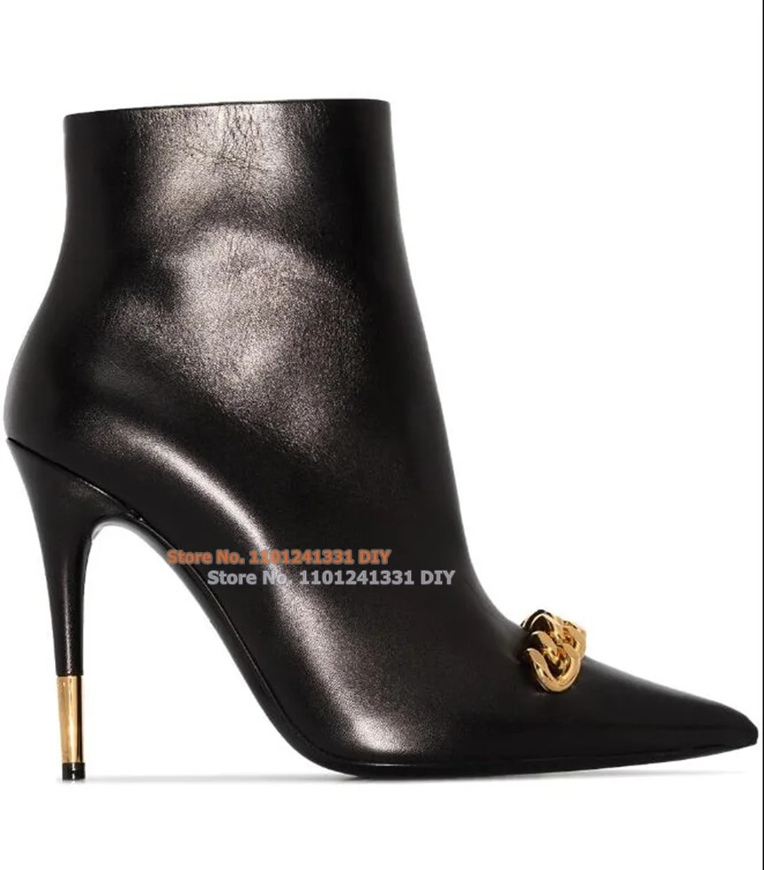 Black Leather Golden Chains Pointed Toe Short Boots Women Gold Thin High Heel Bootie Party Shoes Plus Size 43