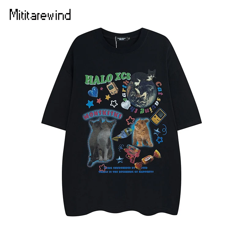 

High Street Retro Graphic T Shirts Y2k Men Cartoon Cute Planet Cat Print Streetwear Oversized Designer T Shirt Summer Tops Tees