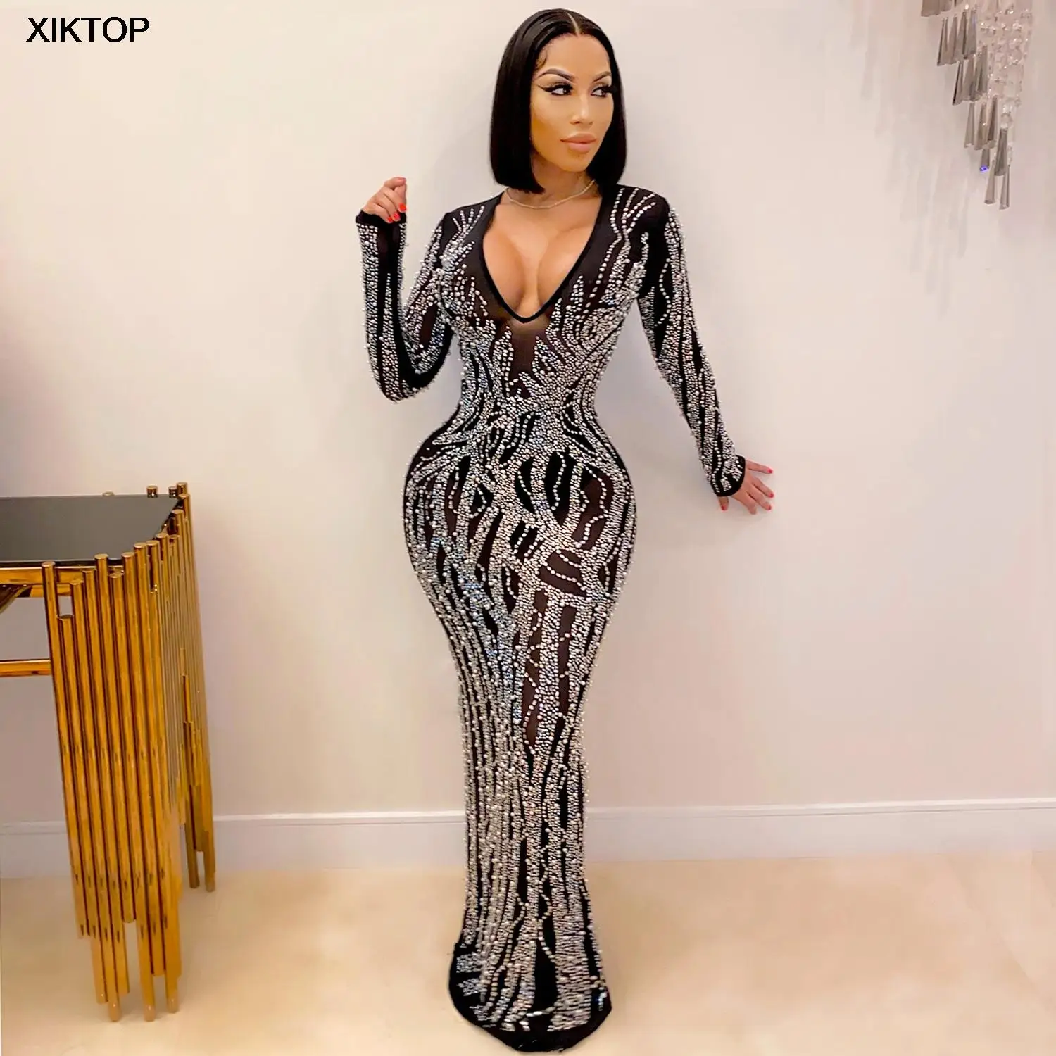 

Xiktop Elegant Gorgeous Crystal Gown For Women Beautiful Deep V Neck Rhinestone Maxi Dress Sexy Clubwear Special Occasion Outfit