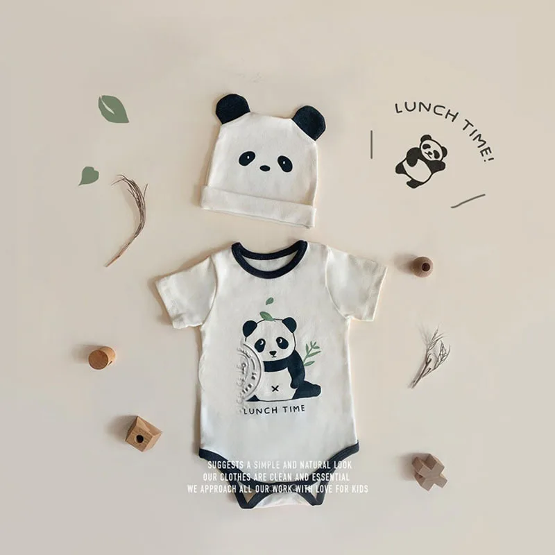 2022 Spring Summer New Cute Panda Print Baby Bodysuit Infant Cartoon Clothes Cotton Toddler Boy Long Sleeve Jumpsuit + Hat 0-24M