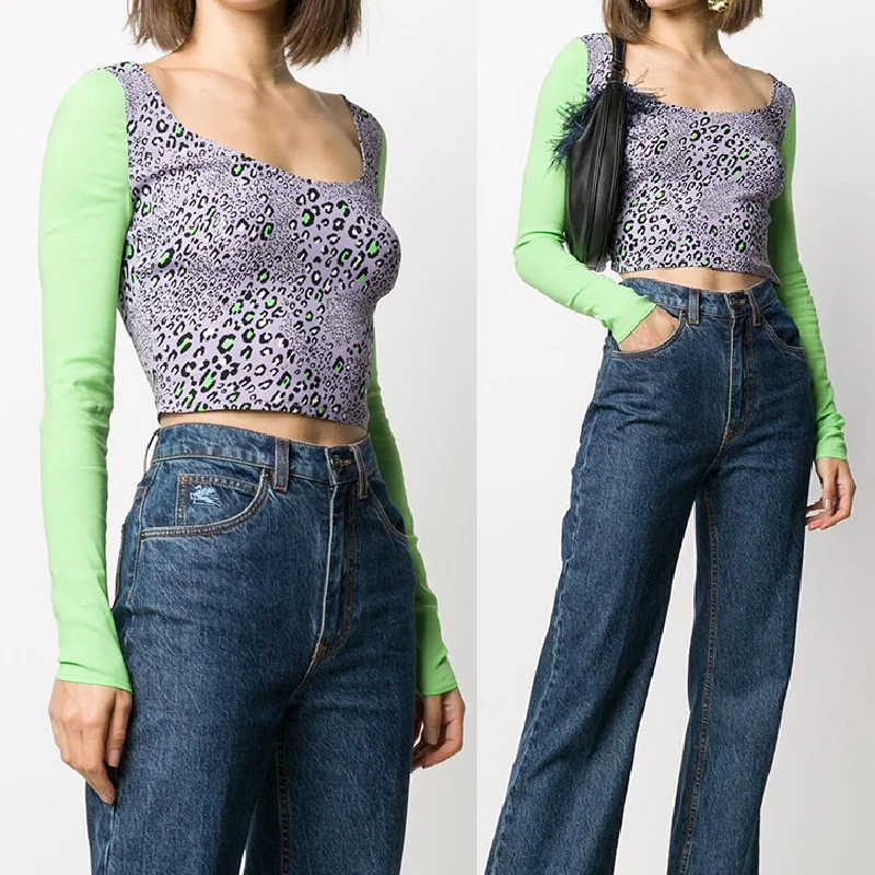 

Brand design snow leopard print color blocking long sleeve top spring / summer 2022 NEW graphic t shirts ropa plus size mujer