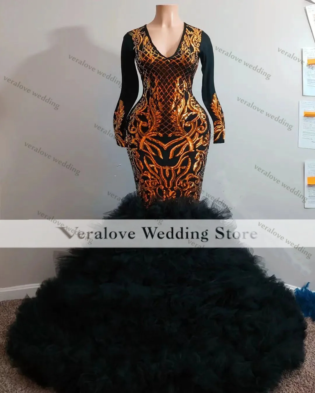 

Women Black Dress Sexy Sequins Prom Dresses Long Sleeves V Neck Ruffles Skirt African Occasion Evening Party Gowns