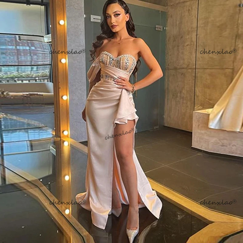 

Chenxiao Prom Dress Champagne Mermaid One Shoulder Sweetheart Sexy High Slit Vestido Crystal Ruched Pleat Robe De Soiree