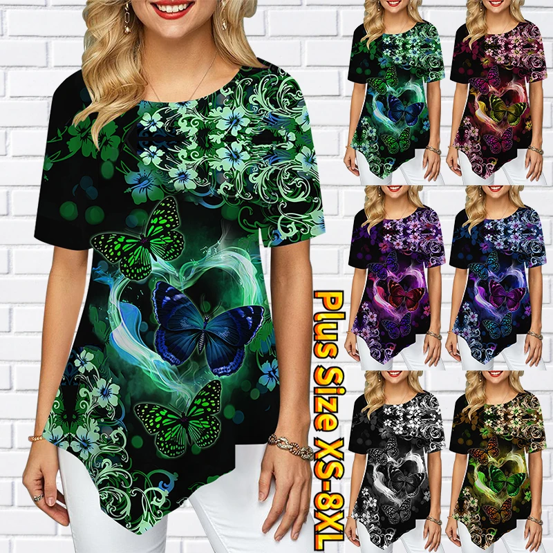 

Oversized Top Summer Round Neck Simple Style T-Shirt Casual Pullover Butterfly Printing Short Sleeve Women's Fashion Clothing
