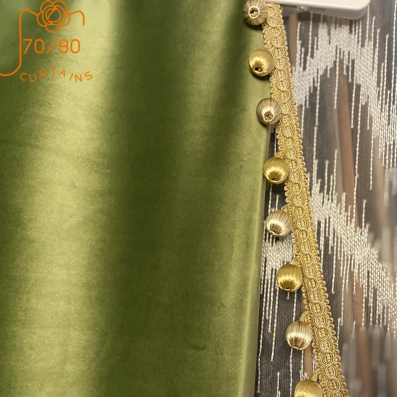 French High-end Retro Olive Green Velvet Lace Stitching Blackout Curtains for Living Room and Bedroom Custom Finished Products