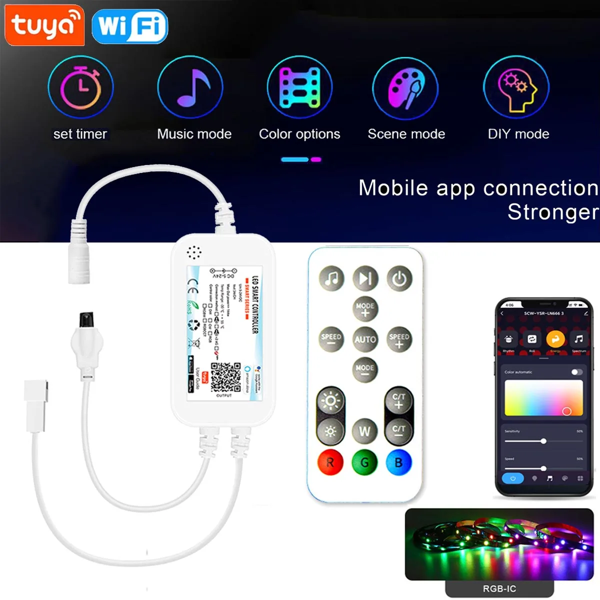 Контроллер цвета мечты Tuya Wifi RGBIC + пульт дистанционного управления на 16 клавиш, 12 В постоянного тока, 2811/5 В, 2812 Светодиодная лента, лампа-диммер с управлением через приложение/голосовым управлением для Alexa Google