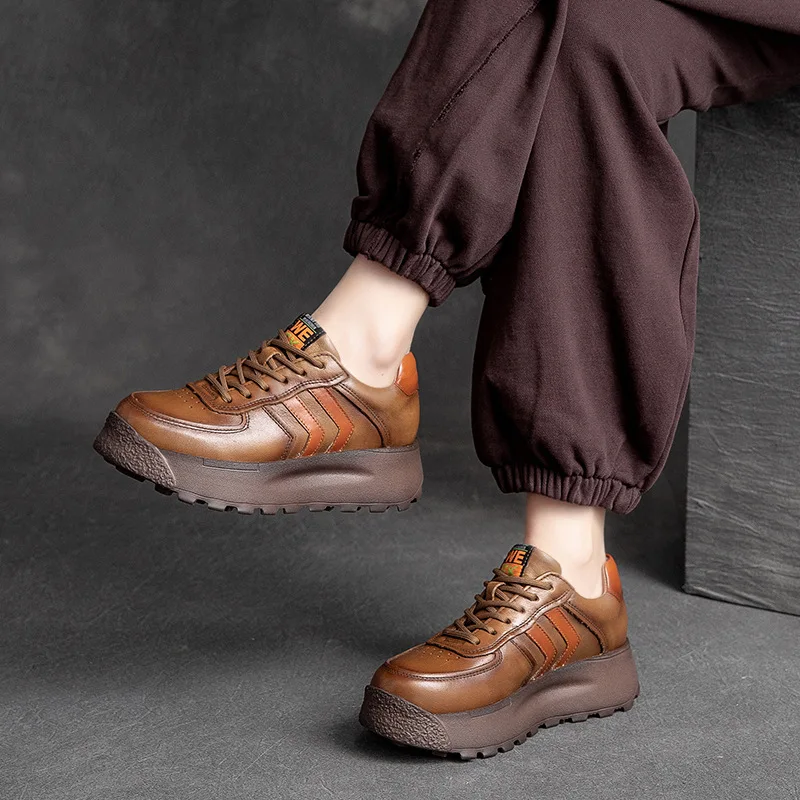 

YourSeason Shoes Ladies Pumps Genuine Leather 2022 Spring Autumn Lace Up Round Toe Vintage Sewing Casual Women Retro Pumps