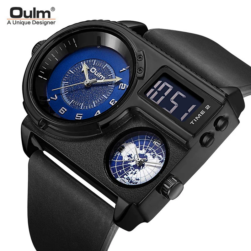 

Oulm Square Watches Men LED Waterproof Two Time Zone Mens Watches Luxury Big Size Male Quartz Sport Watch Relogio Masculino