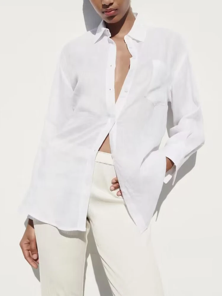 

2023 New Women Fashion Backless Linen Shirt Long Sleeve Turn-down Collar Blouse Female White All-Match Tops Blusas Mujer