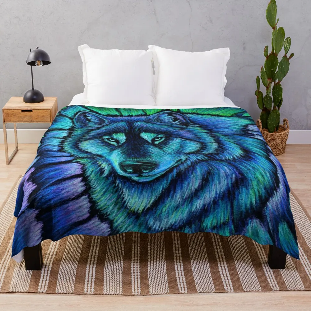 

Blue Fantasy Wolf Aurora Glowing Spirit Throw Blanket Hairy Blankets Kawaii Blanket Large Blanket