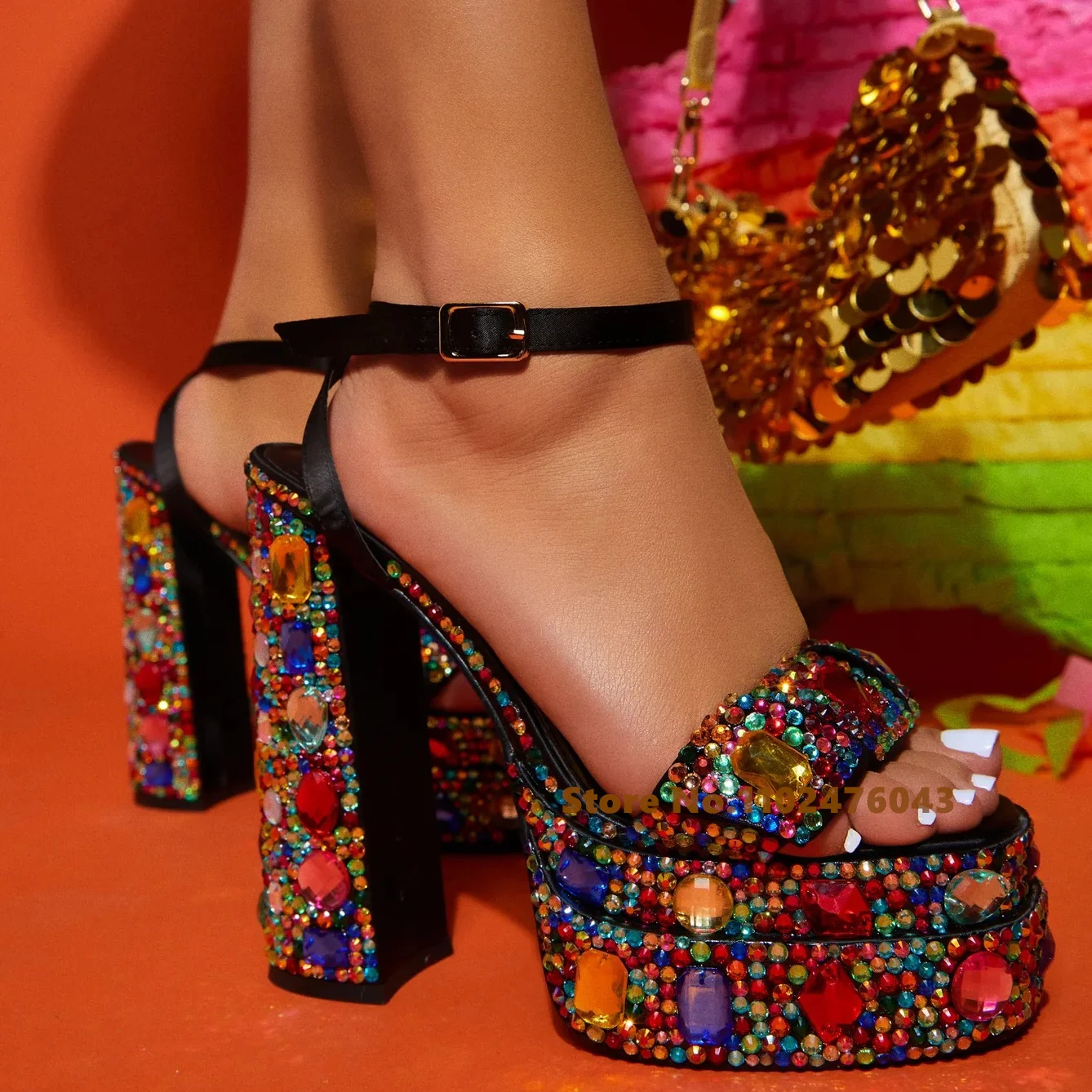 

Women Crystal-embellished Platform Sandals Sexy Peep Toe Chunky Heels Ankle Strap Sandals Bling Multicolour Crystal Party Shoes
