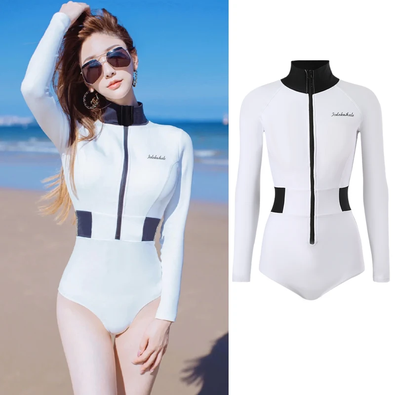 

Wisuwore One Piece Swimsuit Women South Korea Tight Fitting Long Sleeved Slimming Conservative Diving Suit Swimsuit Women Set