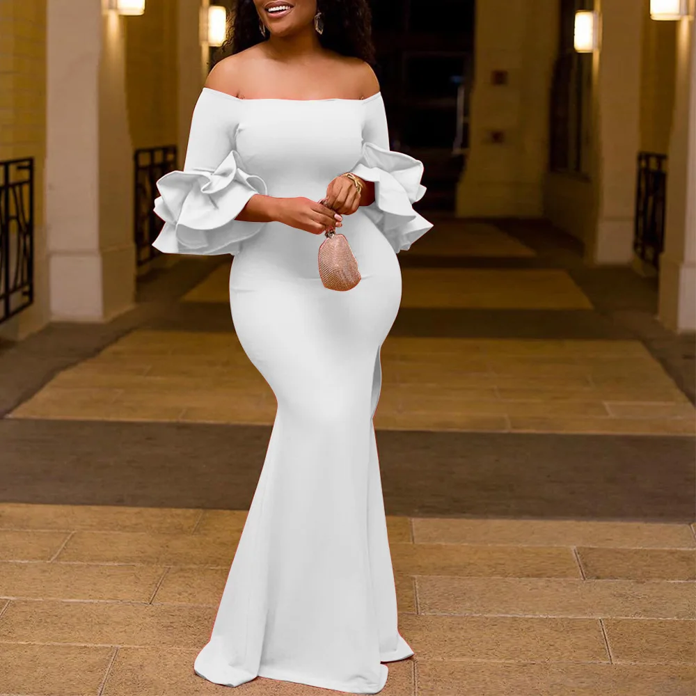 

African Style Solid Color Party Dress for Women Elegant Fashion Slash-neck Bodycon Big Size Midi Dress Long Sleeves Vestidos