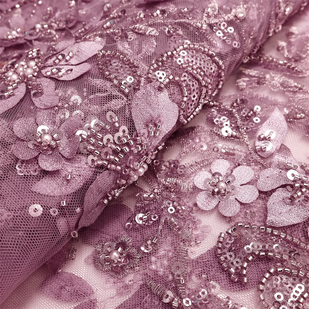 Элегантная Кружевная Ткань С 3d Цветочной Вышивкой И Бусинами. Последняя Модель