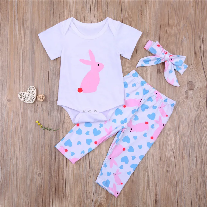 

Girl's Easter Printed 3Pcs Romper Set Short Sleeve Rabbit Printed Bodysuit with Long Pants and Headband